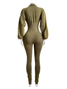 Washed distressed long sleeve tight jumpsuit sexy deep V neck romper casual women clothing