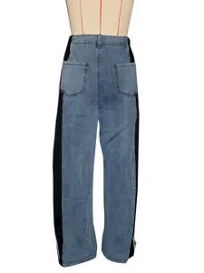 High waist wide leg denim pants for women casual patchwork contrast side stripe jeans