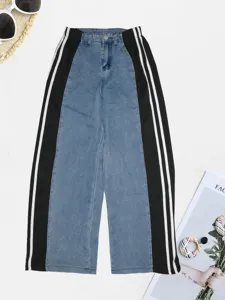 Women high waist wide leg denim jeans with contrast black side stripes casual fashion trousers