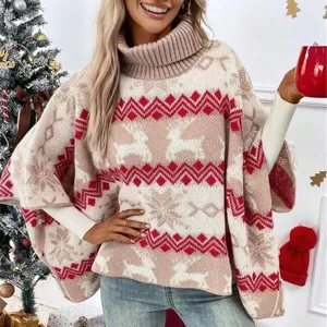 Women's Christmas Elk Snowflake Pattern Turtleneck Batwing Sleeve Color Block Acrylic Knit Sweater Winter Casual Tops