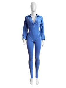 Blue washed distressed long sleeve deep v neck tight jumpsuit for women fashion daily wear