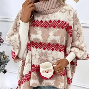 Women Christmas turtleneck batwing sleeve knitted poncho sweater with cute reindeer pattern.
