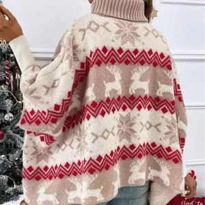 Women Christmas reindeer print high neck batwing sleeve knitted sweater top fashion