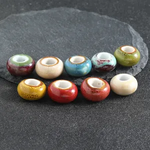 Retro large hole ceramic beads colorful glaze flat spacer loose beads for DIY jewelry making