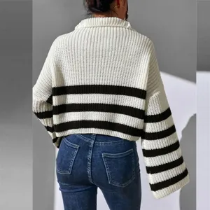 Women's black and white striped stand collar long sleeve knit sweater casual top detail