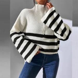 Women fashion colorblock striped turtleneck long sleeve sweater casual knit pullover top