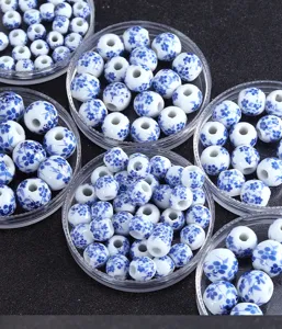 Detalles de cuentas de porcelana azul y blanco, gran agujero accesorios de joyería DIY primer plano