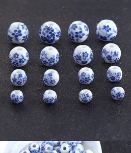 Perlas de porcelana azul y blanca agujero grande cuentas redondas de cerámica para manualidades