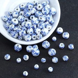 Abalorios de porcelana azul y blanca estilo chino gran agujero cuentas de cerámica para joyas.