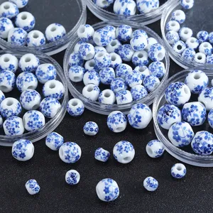Cuentas de porcelana azul y blanca Jingdezhen agujero grande cerámica DIY fabricación de joyas