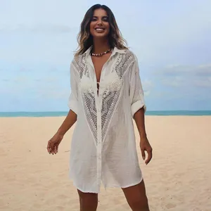 Sexe Ajouré Patchwork en Dentelle Manches Longues Paréo de Plage Col Polo Boutonné Simple Vacances Protection Solaire Chemise