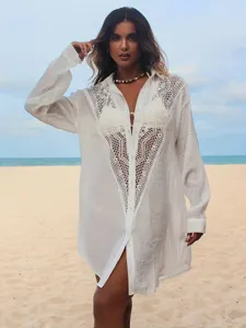 Femme chemise de plage blanche sexy crochet dentelle manches longues paréo pour été
