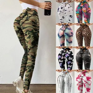 Women High Waist Scrunch Butt Yoga Pants Polyester Printed Bow Tie Back Fitness Leggings Peach Lift Gym Sports Tights