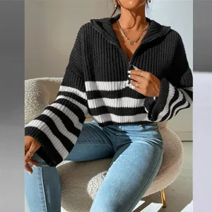 Chic black and white striped zip-up knit sweater for women, perfect for autumn and winter.