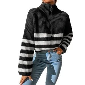 Women black white striped half-zip turtleneck sweater casual long sleeve knitwear top