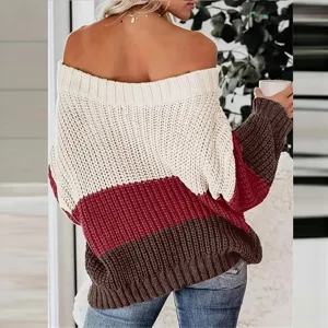 Donna maglione lavorato a tricot blocco di colore spalle scoperte manica lunga inverno