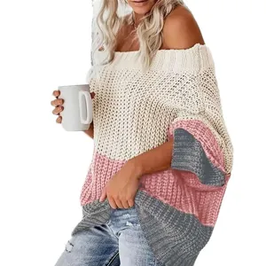Maglione donna spalla scoperta blocco di colore lavorato a maglia manica pipistrello