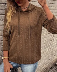 Casual effen langarm capuchon gebreide trui top met chic kabelpatroon voor dames in de herfst