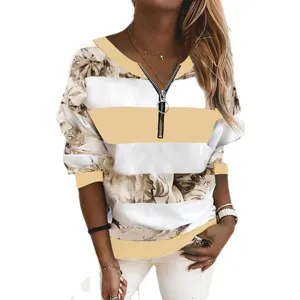 Gynaikeia casual sweatshirt me V-laimoksi kai fermouar, makry manyki me florale kai riges.