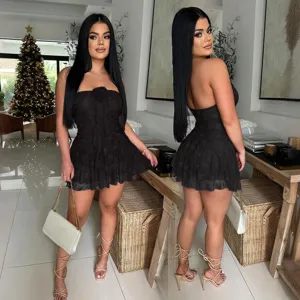 Sexy zwarte kant strapless rugloze ruffle bodycon mini jurk feest outfit voor vrouwen
