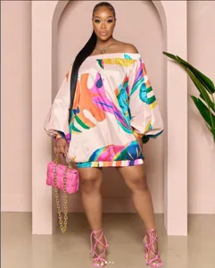 Robe mini décontractée ample à manches lanterne longues et imprimé abstrait pour femmes