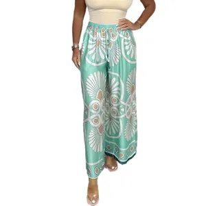 Women vintage print satin wide leg trousers summer resort high waist casual pants