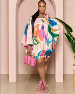 Robe décontractée ample à manches lanternes imprimées et épaules dénudées tendance