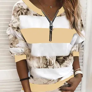 Γυναικείο Φούτερ V-Neck Φερμουάρ Μακρυμάνικο Λουλουδάτο Casual Μπλούζα Top Chic