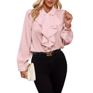 Damen Mode langarm einfarbig Rüschen Revers Bluse lässige elegante Herbst Hemd Top