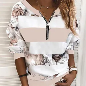 Γυναικείο Casual Μακρυμάνικο Μπλουζάκι V-Neck Φλοράλ Σχέδιο Με Φερμουάρ Στυλ Μόδας.