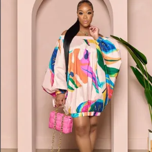 Robe femme epaule denudee imprime floral ample manches ballon mode decontractee chic