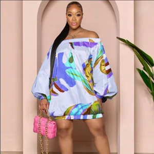 Femme robe mini decontractee imprimee epaule denudee manches lanterne mode ample