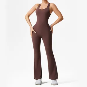 Damen Sexy Rückenfrei Slim Fit Yoga Jumpsuit Hohe Taille Ausgestelltes Bein Gym Bodysuit Sportlich Einteiler Workout