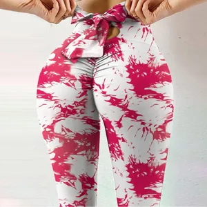 Women fitness yoga pants peach hip lift tie-dye activewear bow tie high waist leggings detail