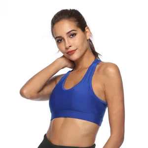 Blue solid color sports bra for women, stylish racerback yoga crop top for fitness gym training.