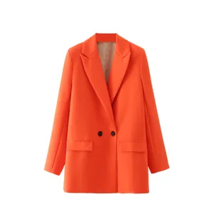Blazer de mujer naranja brillante, abrigo casual holgado de manga larga con doble botonadura.