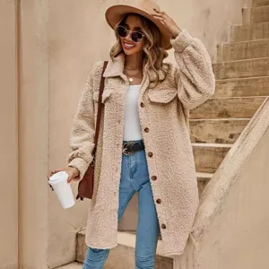 Women Long Plush Teddy Coat Lapel Loose Single Breasted Winter Warm Jacket Pocket Solid Color Commuter Outerwear Top