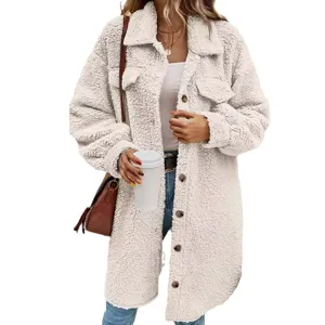 Women casual lapel fleece long coat winter warm teddy outerwear with buttons and pockets.