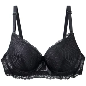 Detailed view of the black lace plus-size French bra, showcasing delicate floral patterns and cups.