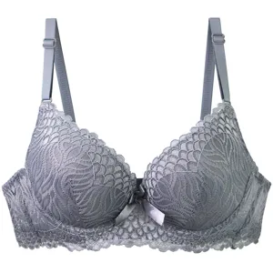 Grey lace bra detail, gathered push-up design, elegant floral lace overlay with shoulder straps.