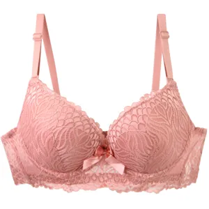 Pink lace push up bra with delicate floral patterns and a cute bow for women daily wear.