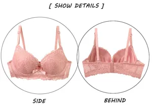 Pink lace push up bra detail view, showing side and back design with elegant floral pattern.
