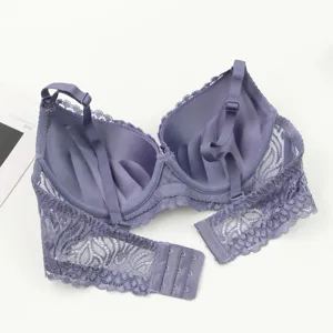 Detailed view of women plus size French lace bra, push up lingerie with adjustable straps.