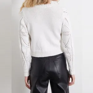 White knitted sweater sleeve detail shot showing hollow-out texture and casual style.