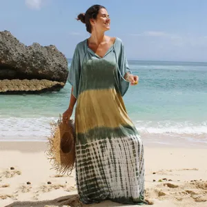 Women Tie Dye Print Beach Cover Up Sexy Deep V Neck Vacation Maxi Dress Batwing Sleeve Sun Protection Polyester Long Dress