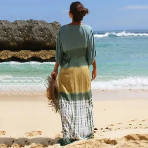 Women beach tie-dye maxi dress cover-up, long sleeve resort wear swimsuit sun protection.