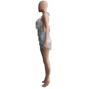 Sexy silver sequin fringe halter backless romper for women, perfect for party and club.
