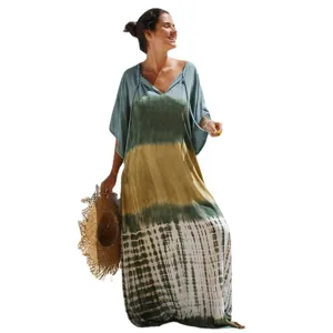 Women tie dye beach cover up v neck maxi dress summer vacation long swimwear style dress