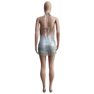 Stunning silver sequin fringe halter romper sexy backless clubwear party jumpsuit