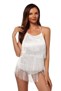 White halter neck fringe tassel romper detail showing multi layers and delicate fabric.